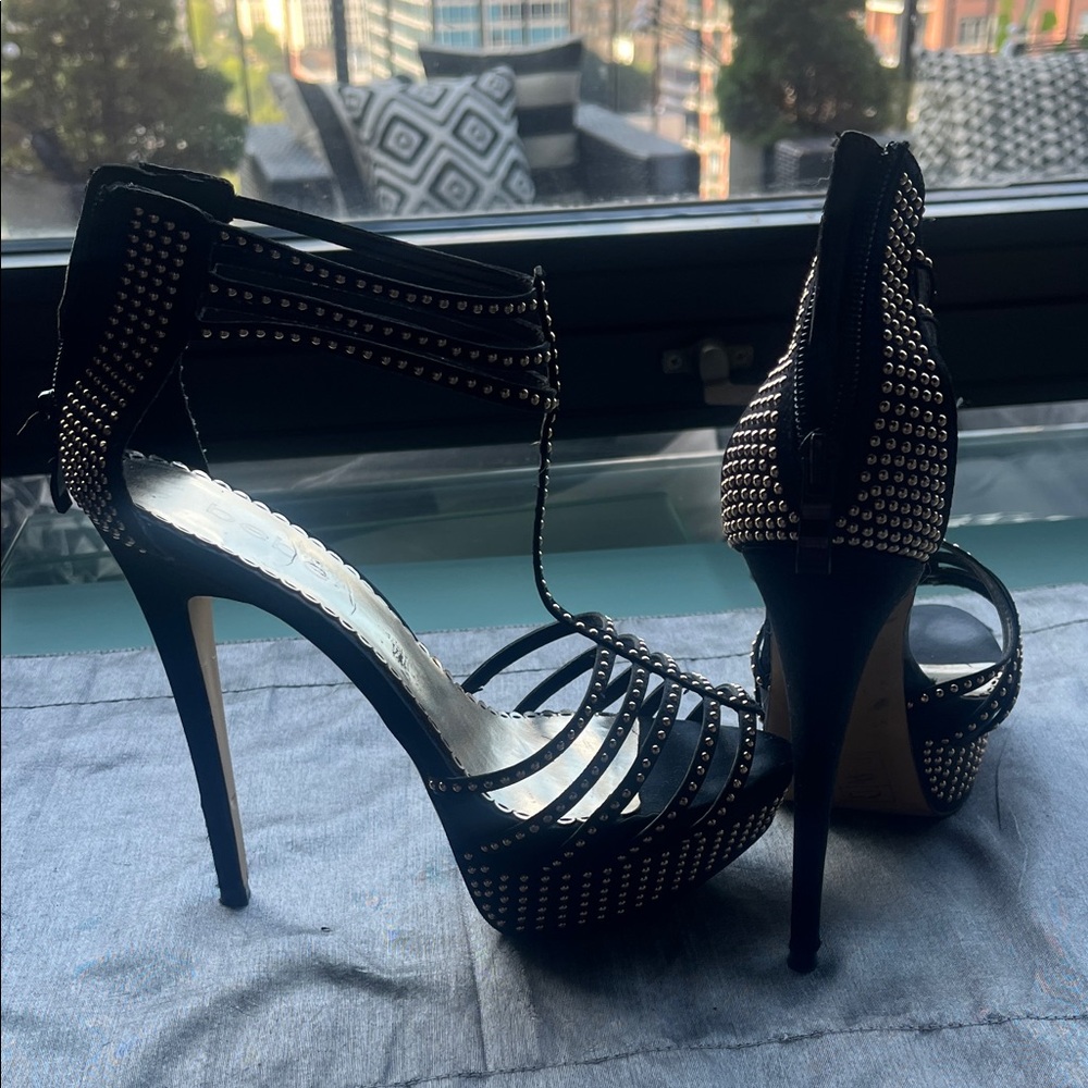 bebe Black Strappy Studded Heels